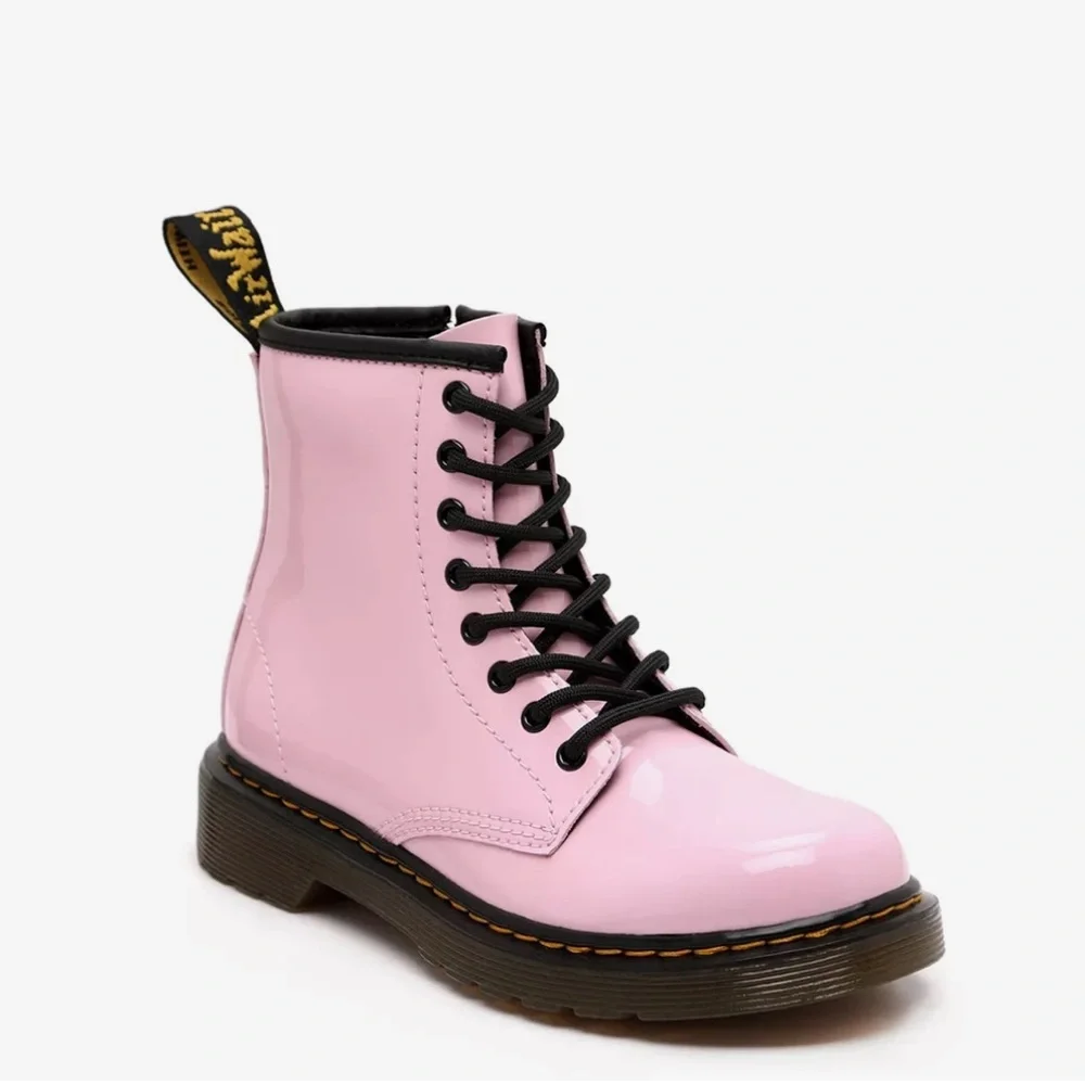 Dr. Martens Lamper 1460J Light Pink Patent Leather Lace Up- Side Zip Girl Boots